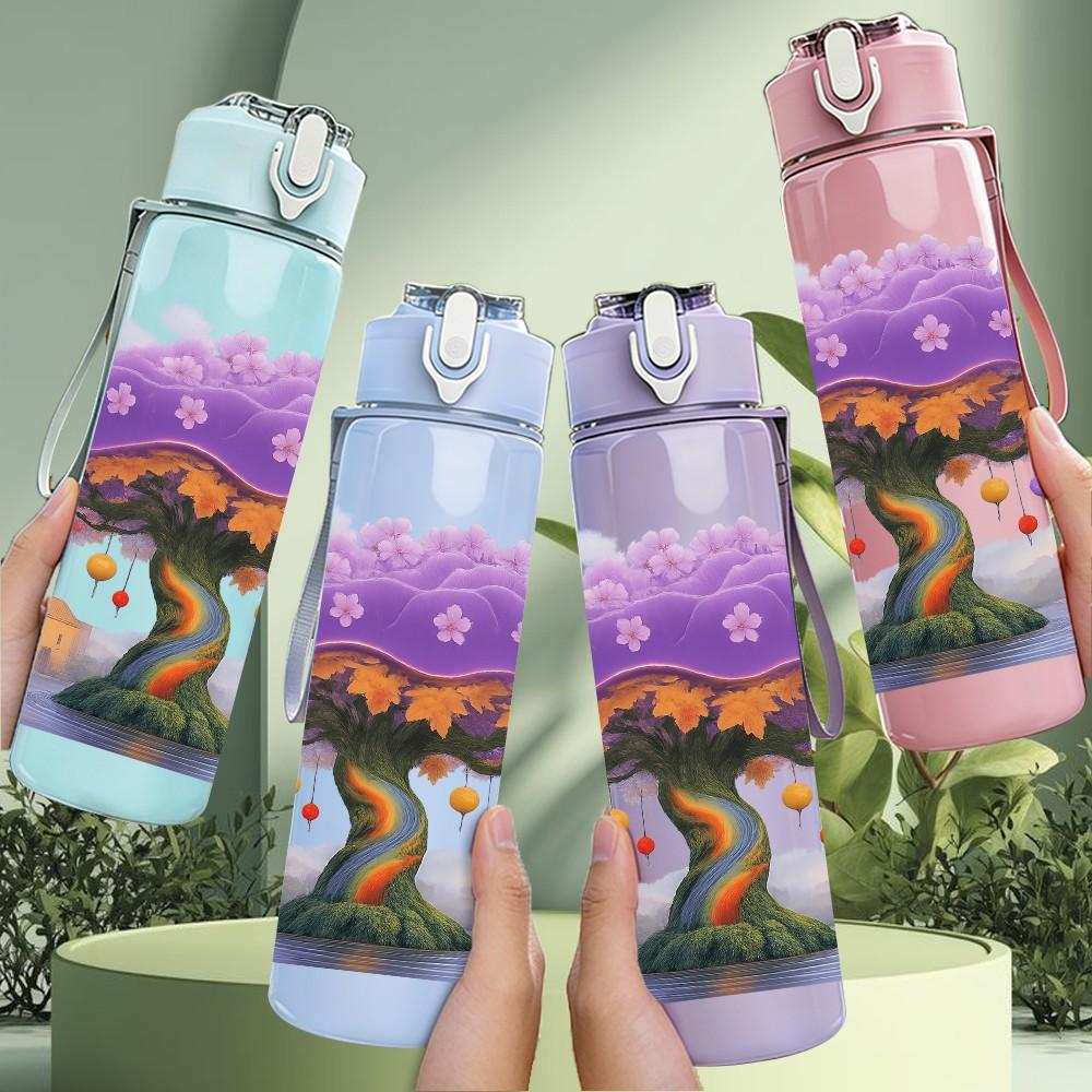 1PC Magic Purple Canopy Tree Art Print 750ml Color Plastic Sports Water Bottle Leakproof Flip Straw Lid Suitable for Sports Office Home Use