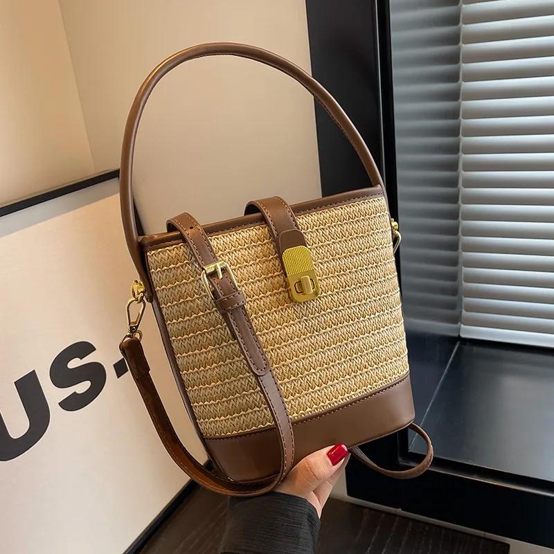 

Ladies Fashi Retro Woven Shoulder Bag Summer Women s Grass Woven Handbags Female Casual Tote Underarm Crossbody Bags for Lady 16x11x18cm хаки