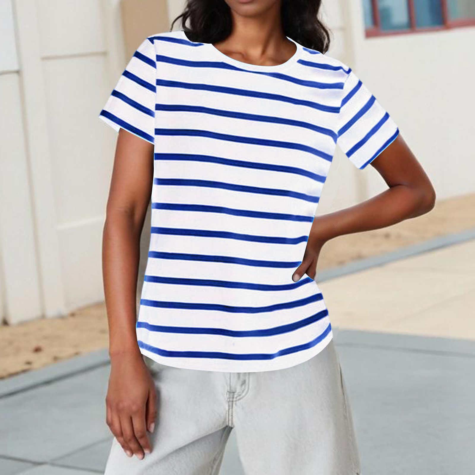 Ladies  Casual Fashion Striped Printed Short Sleeved Shirt L синий
