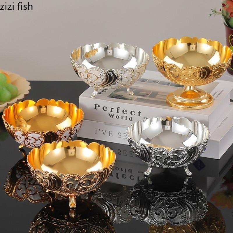 European Patterned Metal Bowl High Footed Fruit Bowl Ice Cream Bowls Dessert Plate Dim Sum Dish Storage Tray Candy Snack Bowls