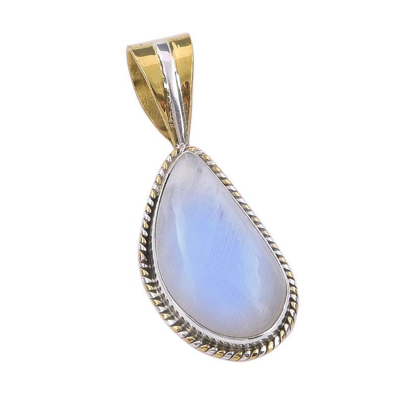 Natural Rainbow Moonstone Gemstone 925 Solid Silver Two Tone Pendant 1.25" h2a03