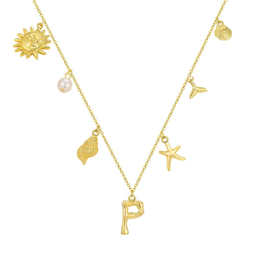Initial Charms Necklace for Women, Boho Seashell Starfish Beach Letter A-Z Pendant, Summer Beach Vacation Jewelry