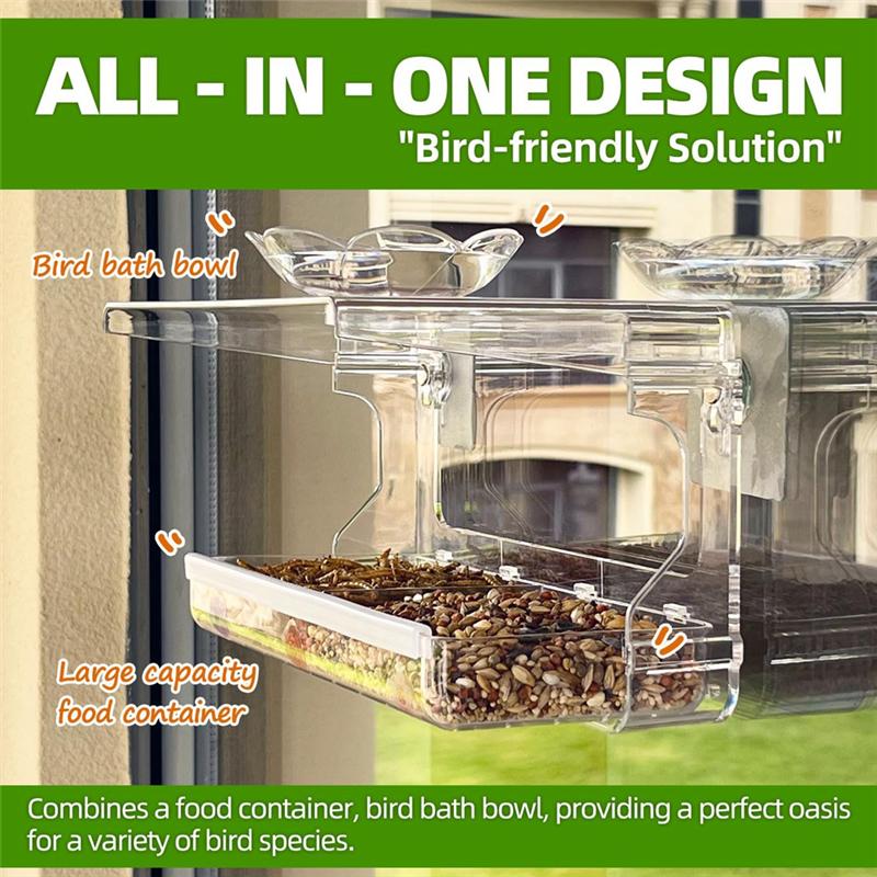 T02C!Window Bird Feeder With Non-Marking Self-Adhesive Hooks, Clear Window Bird Feeder For Outside, Transparent Bird House Durab