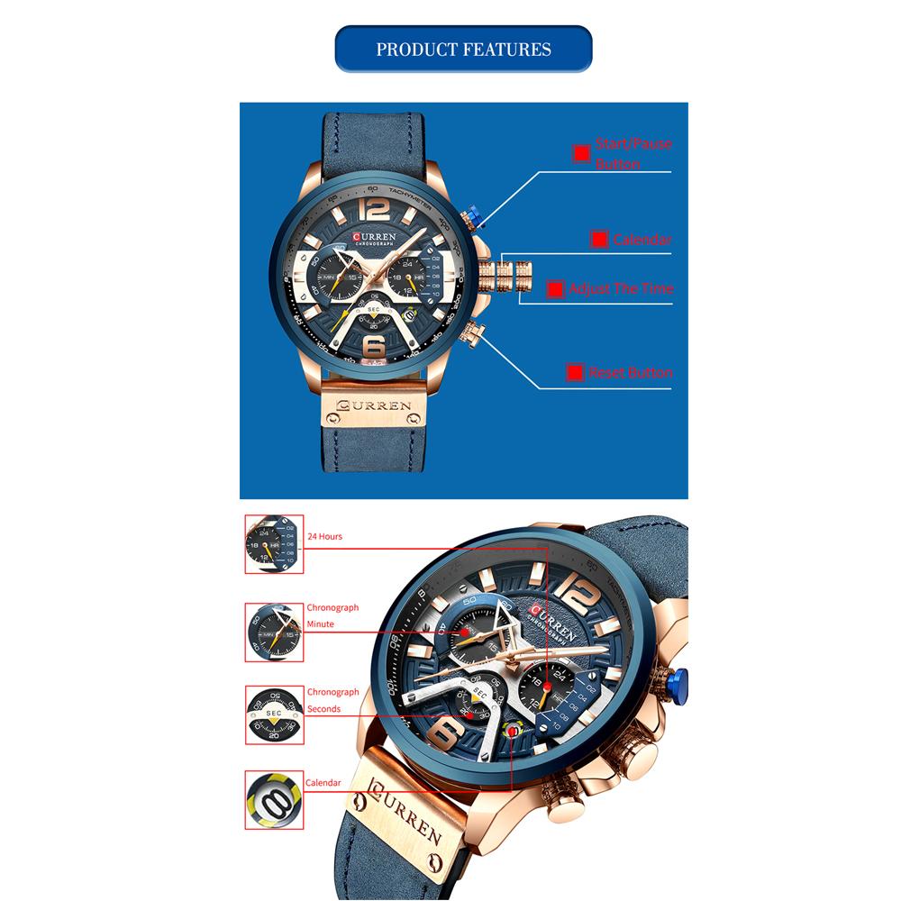 CURREN Mens Watches Top Brand Luxury Leather Sports Watch Men Fashion Chronograph Quartz Man Clock Waterproof Relogio Masculino