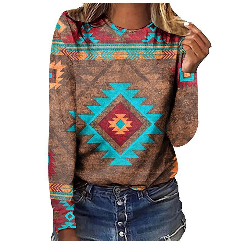 Spring and Autumn Round Neck 3D Retro Ethnic Style Printed Top Fashionable Casual Long Sleeved Women's T-shirts