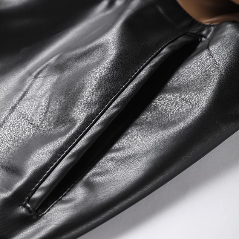 Contrast Leather Long Women Jacket Lace Up Lapel Long Sleeve Female Maxi Pu Jackets Autumn Winter Street Pocket Lady Coat