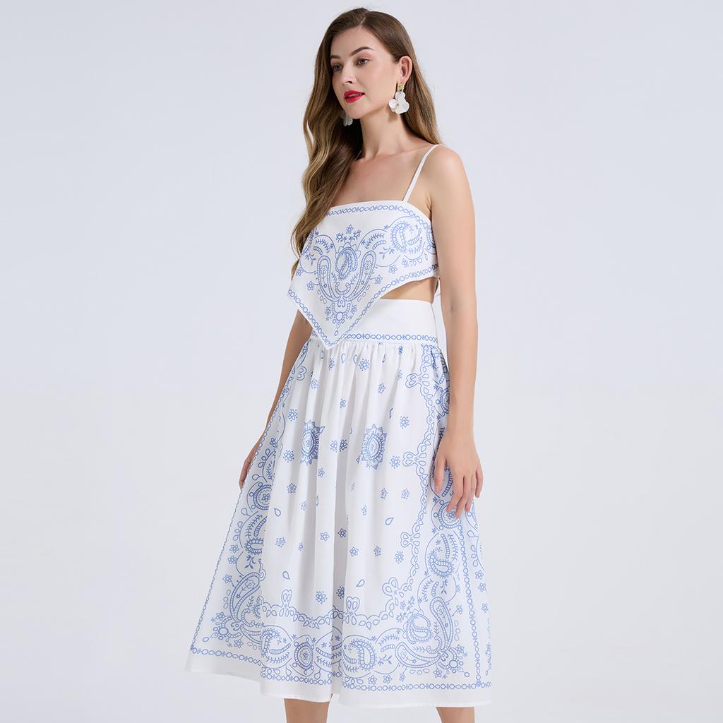 Boho Chic Paisley Print Two Piece Set Women Summer Sleeveless Spaghetti Strap Crop Top + High Waist Midi Skirt Sets Beach Vacation Skirt Suits