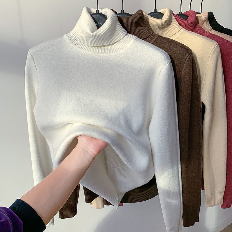 Winter High Collar Solid Color Velvet Warm Bottomed Sweater Women Simple All-match Knitting Pullover Top