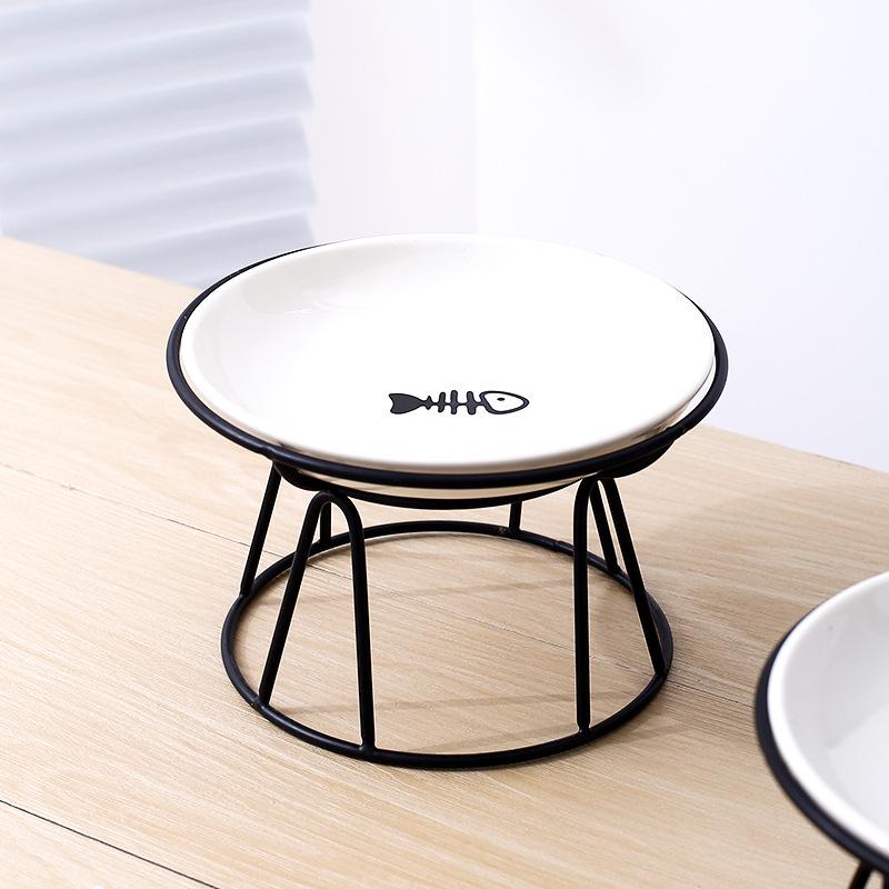 Creative Ceramic Pet Bowl with Stand - Cat Paw & Fish Bone Design for Cats and Dogs