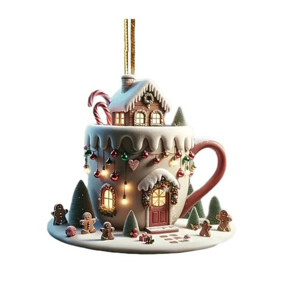 Yousheng Coffee Cup Christmas Tree Ornaments 2D Acrylic Winter Snow House Hot Chocolate Mug Shape Hanging Decoration for Holiday Tree Decor