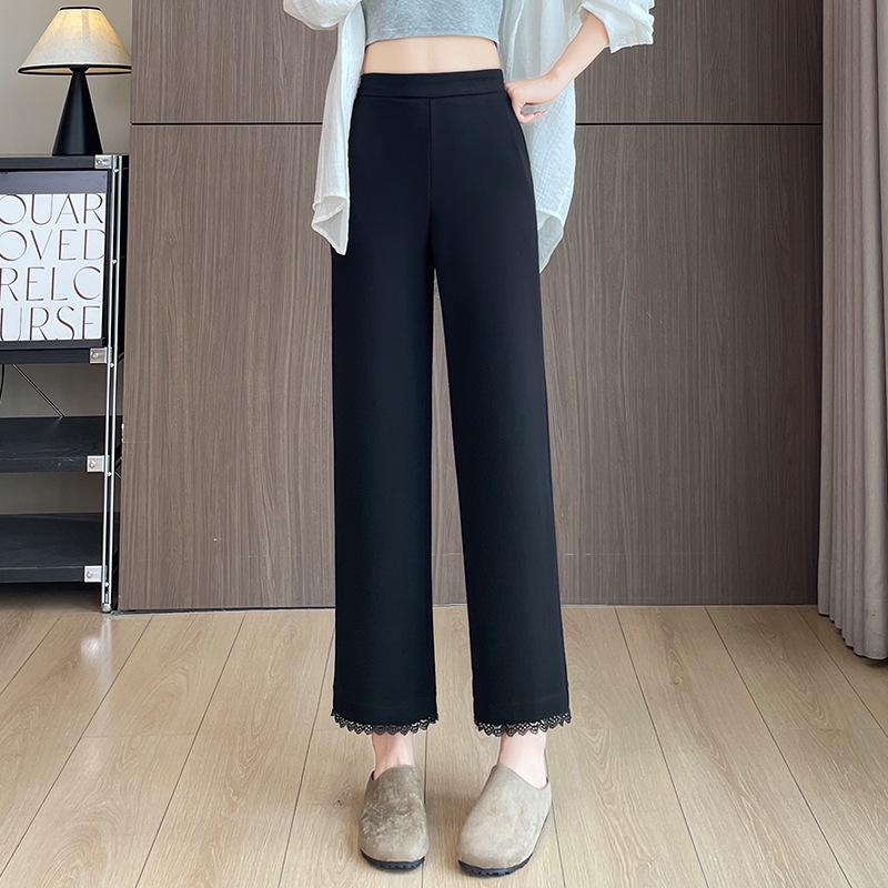 

Korean Style High Waist Slimming Lace Trim Wide-Leg Pants for Women - Spring/Autumn Casual Nine-Point Length XXL