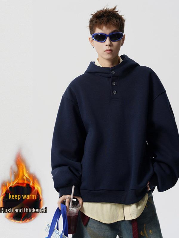 Unisex Retro Heavyweight Fleece-Lined Button-Up Hoodie: Trendy and Loose Fit