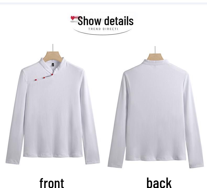 Women's Retro Korean Style Cotton Slim Fit Long Sleeve T-Shirt with Stand Collar and Diagonal Buttons