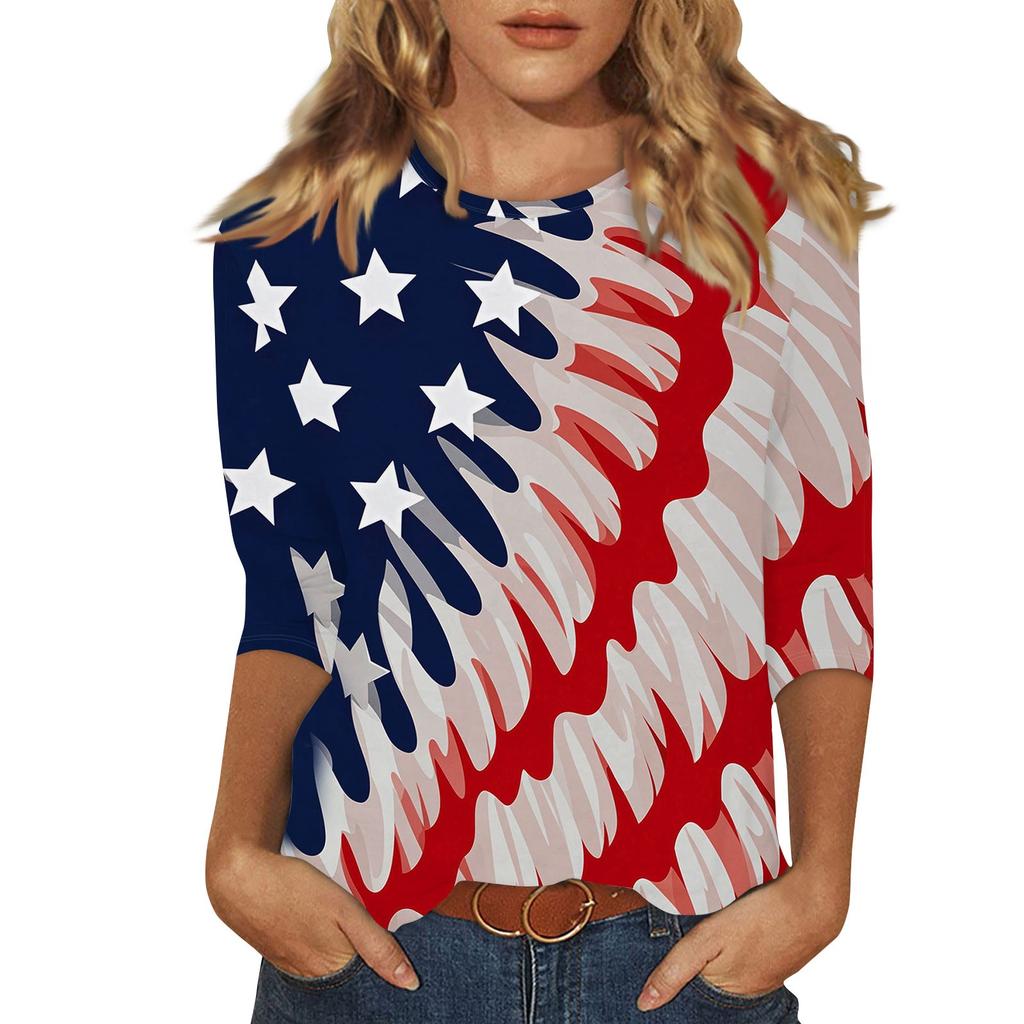 Women's Fashion Casual Round Neck Printed 3/4 T-shirt Top