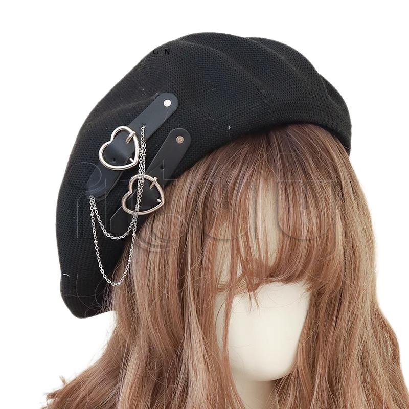 

Gothic Lolita Black Punk Beret Harajuku Women Girls Summer Breathable Heart Buckle Beanie JK Hat Accessories чёрный