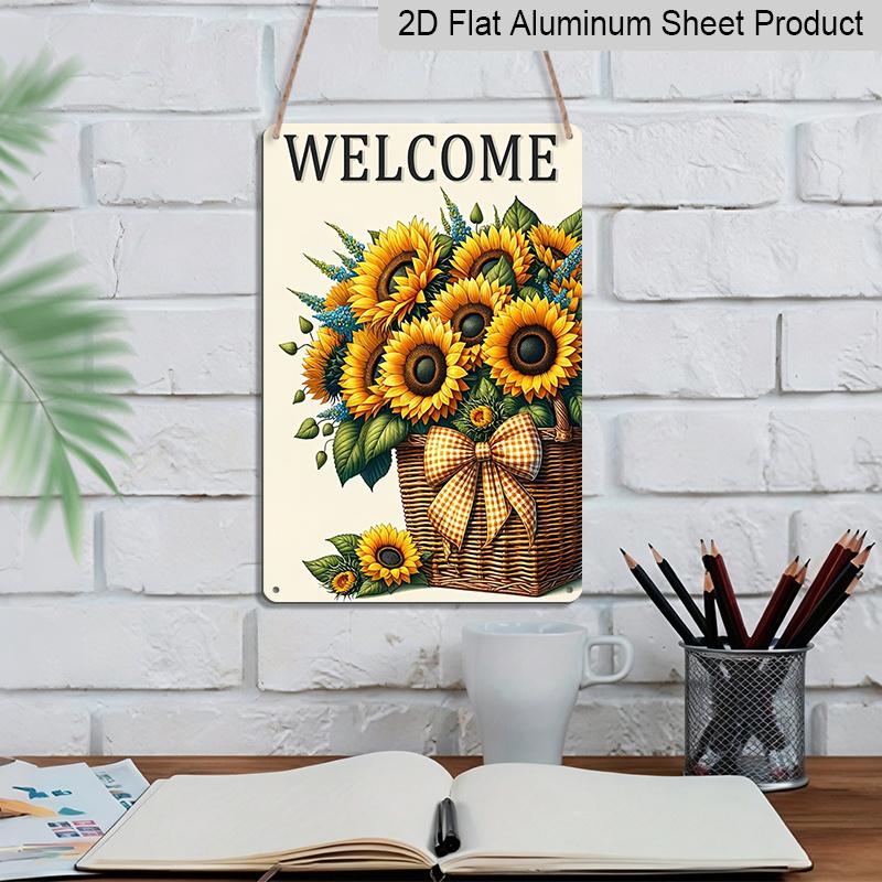 2D Flat Aluminum Plaque, Welcome Sunflower Basket Sign, 8x12 Inch, Farmhouse Rustic Floral Decor, Porch & Entryway Wall Art