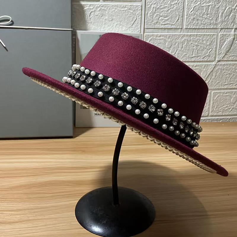 European Beautiful Woman New Autumn and Winter Imitation Woolen Hat Big Brim Jazz Top Hat Men's Flat Top Shape British Pearl Rhinestone Felt Hat
