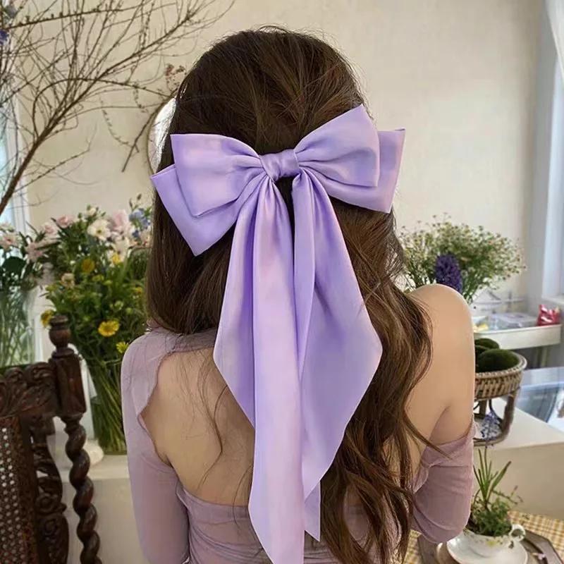 Women Large Bow Hairpin Elegant Long Ribbon Bow Hair Pins Fashion Simple Hair Clip Back Head Clips Half Tied Hair Accessories