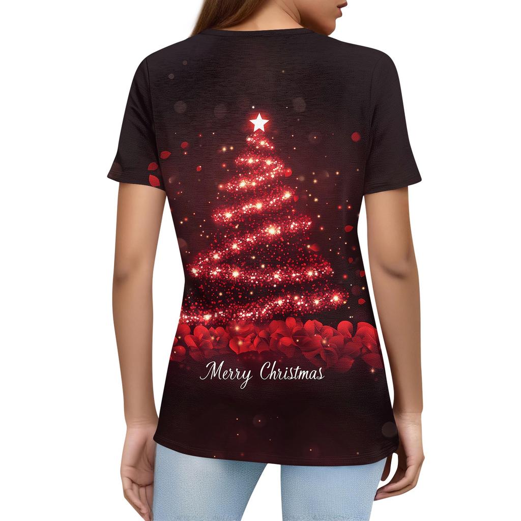 Women's T Shirt Christmas Print Button Short Sleeve Daily Weekend Fashion Basic V- Neck Regular Top