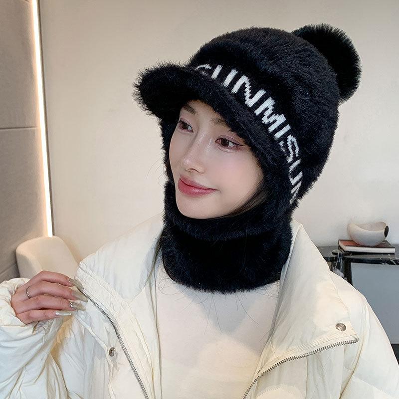 Plush thread, scarf, one-piece peaked cap, women's winter wind-proof neck cover, one-piece knitted hat, outdoor cycling hat