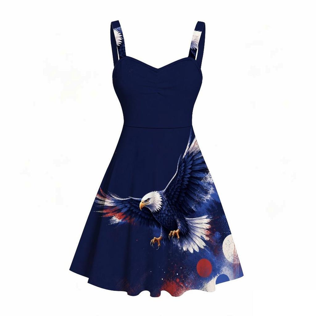 Women Plus Size Square Neck Sleeveless Strappy Dress American Eagle Flag Printed Fitted Waist Flared Hem