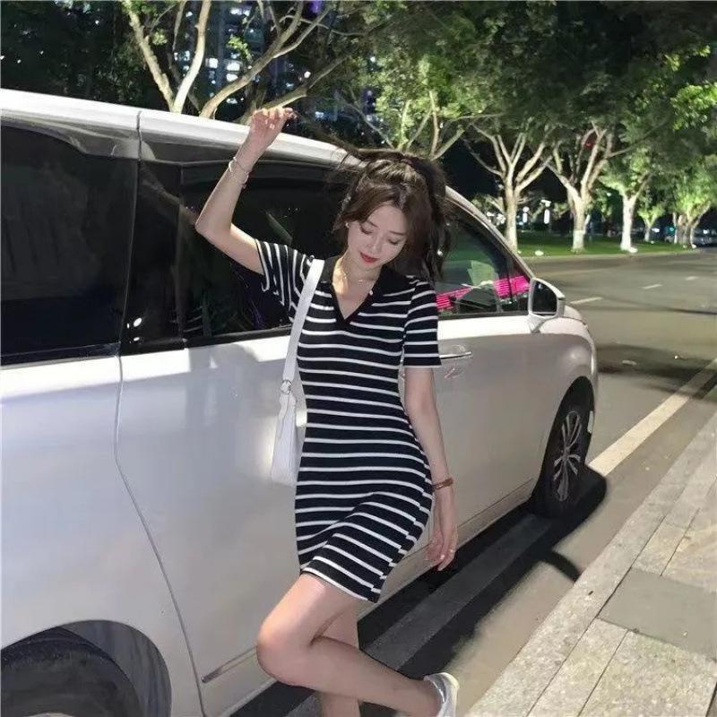 Women s Striped Mini Polo Dress: Slim Fit, Short Sleeve, Ribbed Knit, Summer Casual 2025. S
