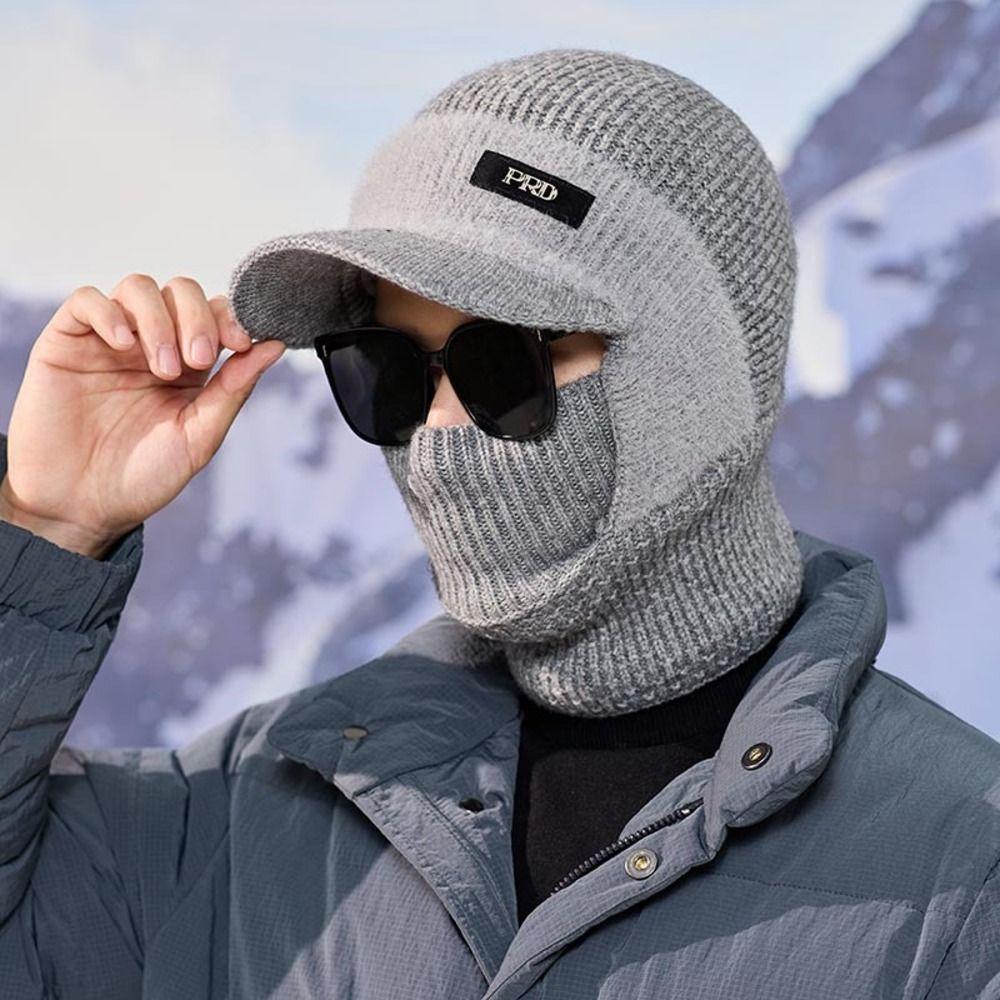 Cold Proof Brimmed Knitted Balaclava Polyester Fleece Lined Winter Knit Balaclava For Men