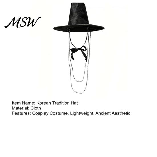 Lightweight Traditional Headgear Korean Hat, Anime Cosplay Accessory, Stage Performance Flat Style Wide Brim Hat Top with Beaded Chain for Cosplay,