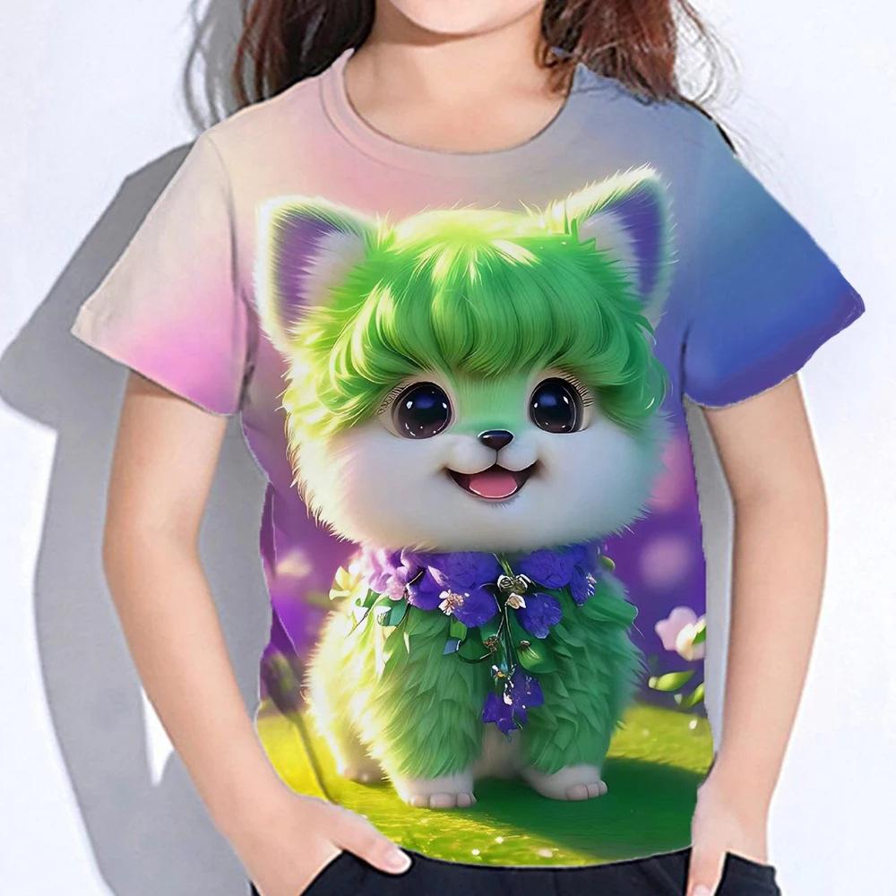 Summer Round Neck 3D Cute Cat Printed Top Fashionable Casual Short Sleeved Children's Girl T-shirts