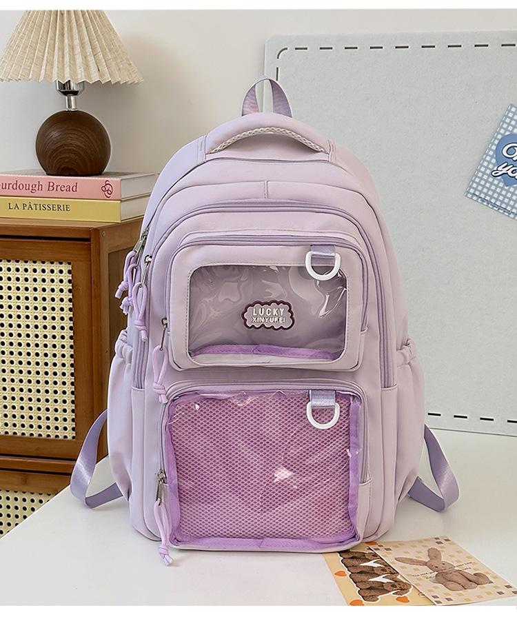 

Transparent badge Solid color Junior high school student backpack Women s fashion schoolbag Student girl backpack фиолетовый