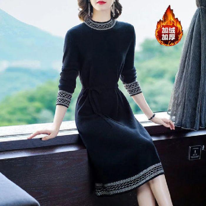 Fleece Autumn and Winter New Medium and Long Skirt Base Fashion Temperament Waist Thin Lady Solid Color Dress