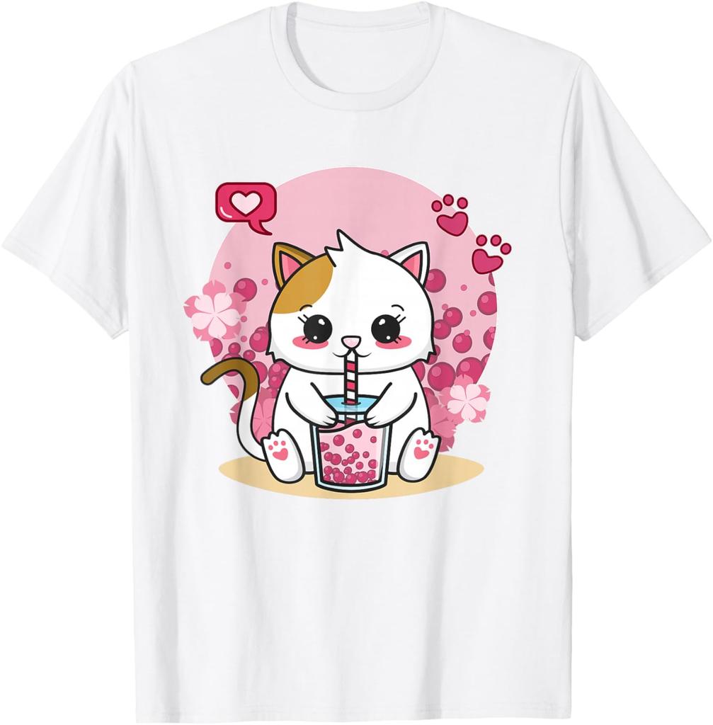 Kawaii Cat Boba Tea Drink Lover Graphic Tee Cute Anime Neko Kitten T-Shirt Unisex Casual Trip