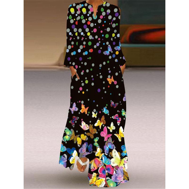 2025 Spring and Summer Fashion New Women's Retro Butterfly Print Long Dress Chiffon V Neck Long Sleeves Pocket Dress