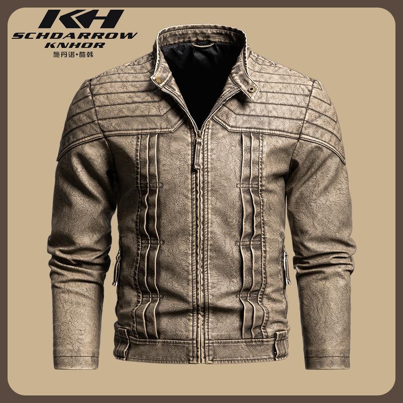 New men's leather jacket autumn and winter locomotive PU jacket, hot-selling in Europe and America, retro men's stand-up collar trendy brand men's c