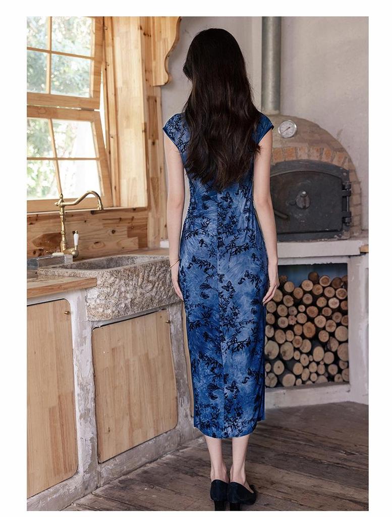 Blue Petite Women's Cheongsam 2025: Autumn Retro Style Dress