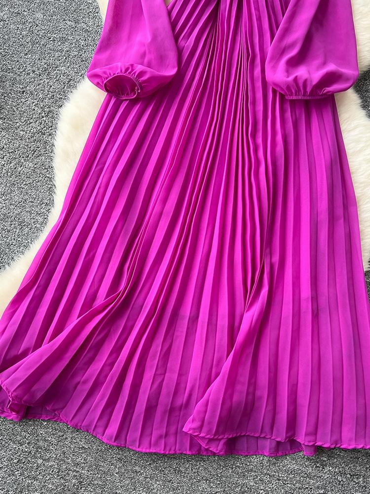 Vestido Elegante de Moda Primavera Outono para Mulheres Novo Francês Borda Cogumelo Crimpado Solto Chiffon Manga Longa Vestido Longo