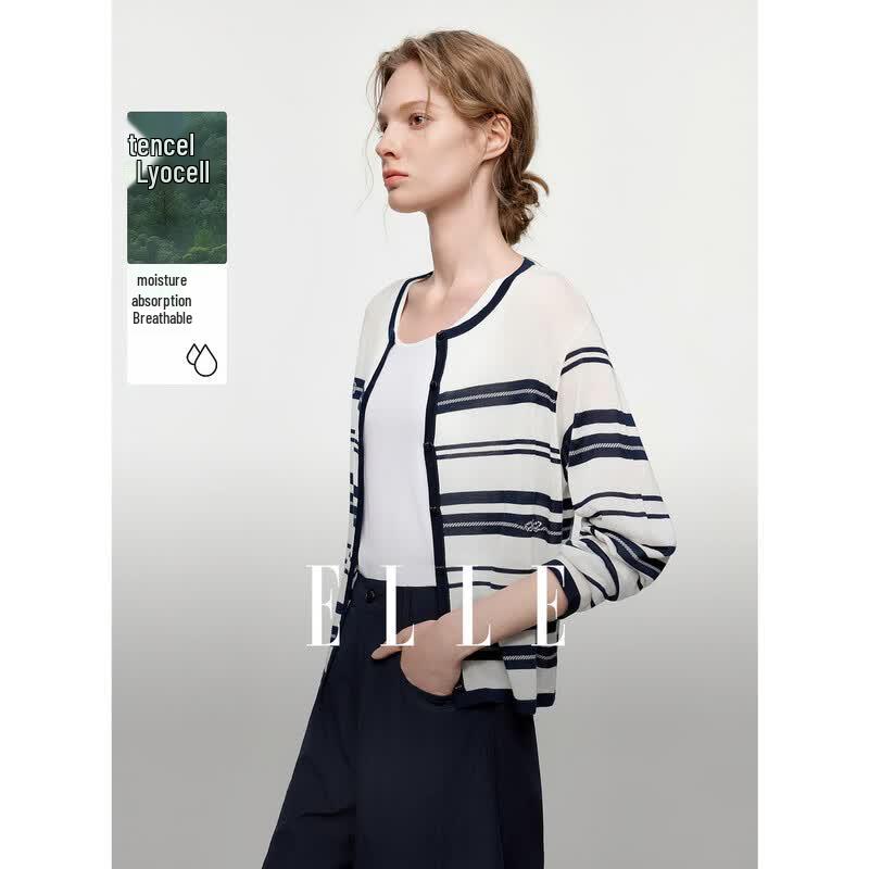 ELLE Women s Striped Tencel Knit Cardigan M