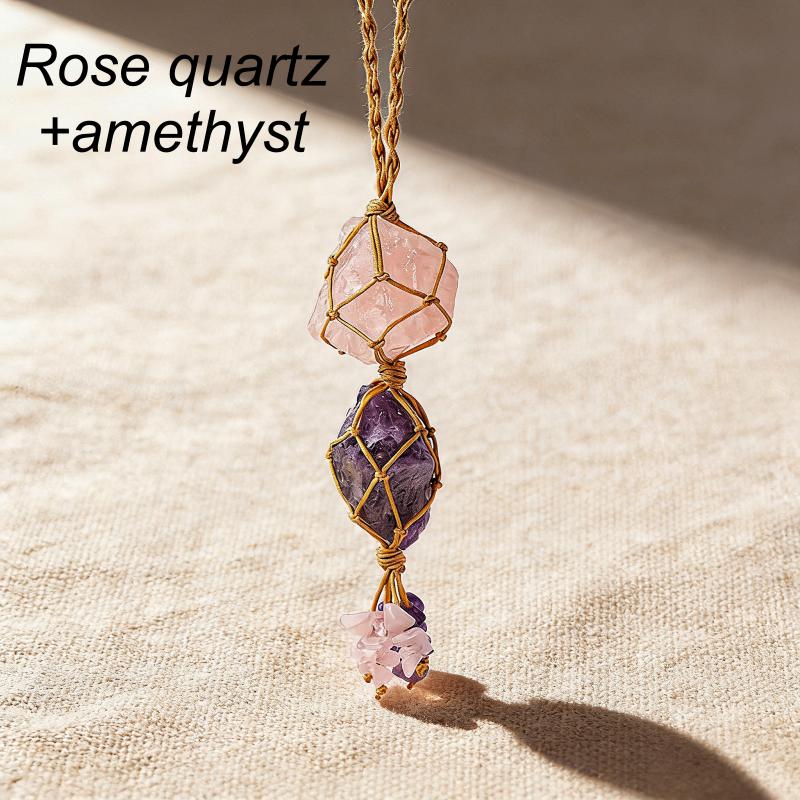 Colorful Natural Healing Handmade Crystal Raw Stone Car Pendant Crystal Raw Stone Woven Rope Braceletfor Gift One Size