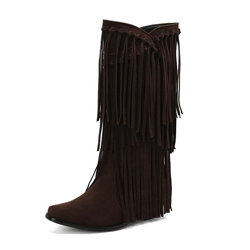 Autumn and winter fringed women's boots small square head solid color casual fashion boots H