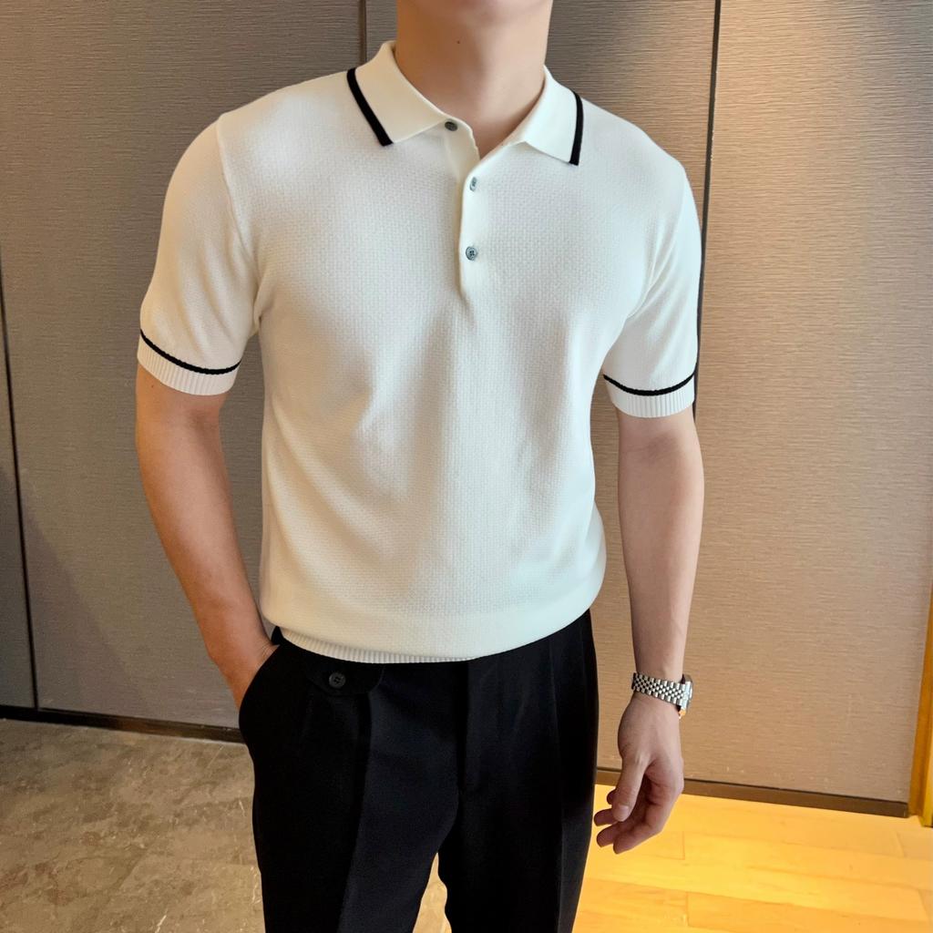 Summer New Fashionable Knitted Men's Polo Shirt, Chic Short Sleeve Slim Fit Casual Turn-Down Collar T-Shirt Trend