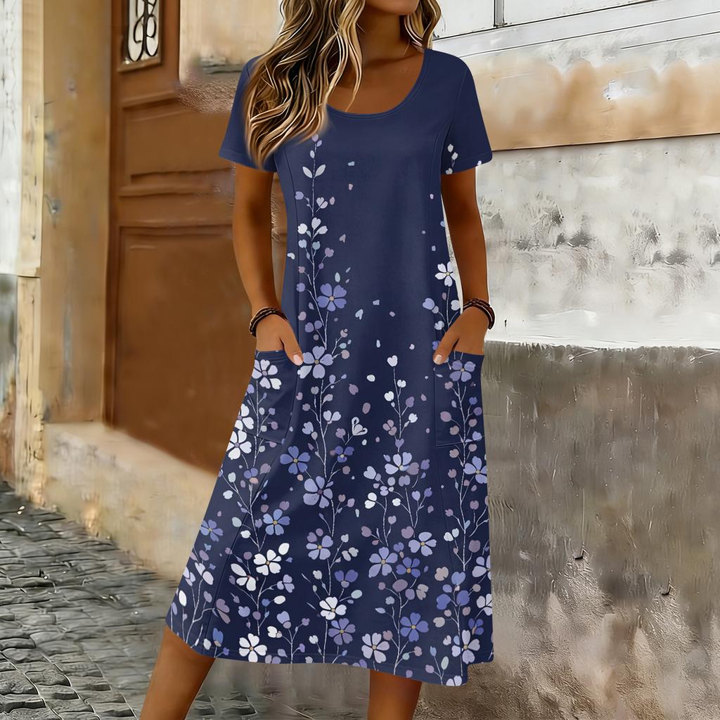 Women's Casual Loose Round-neck Short-sleeved Pocketed Mid-length Dress
