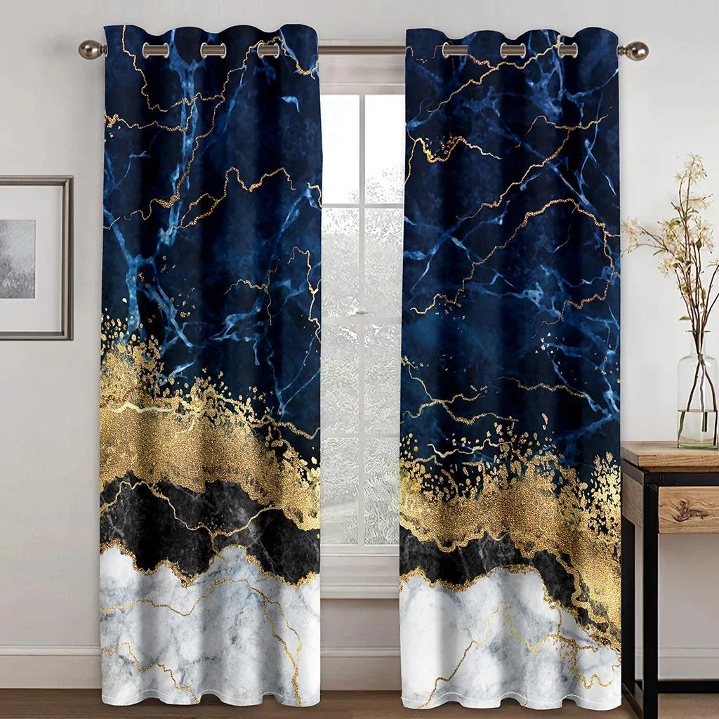 Ready-made Abstract Marble Blue Gold Design Cheap Modern Thin 2 Pieces Curtains for Living Room Bedroom Window Drape Home Decor