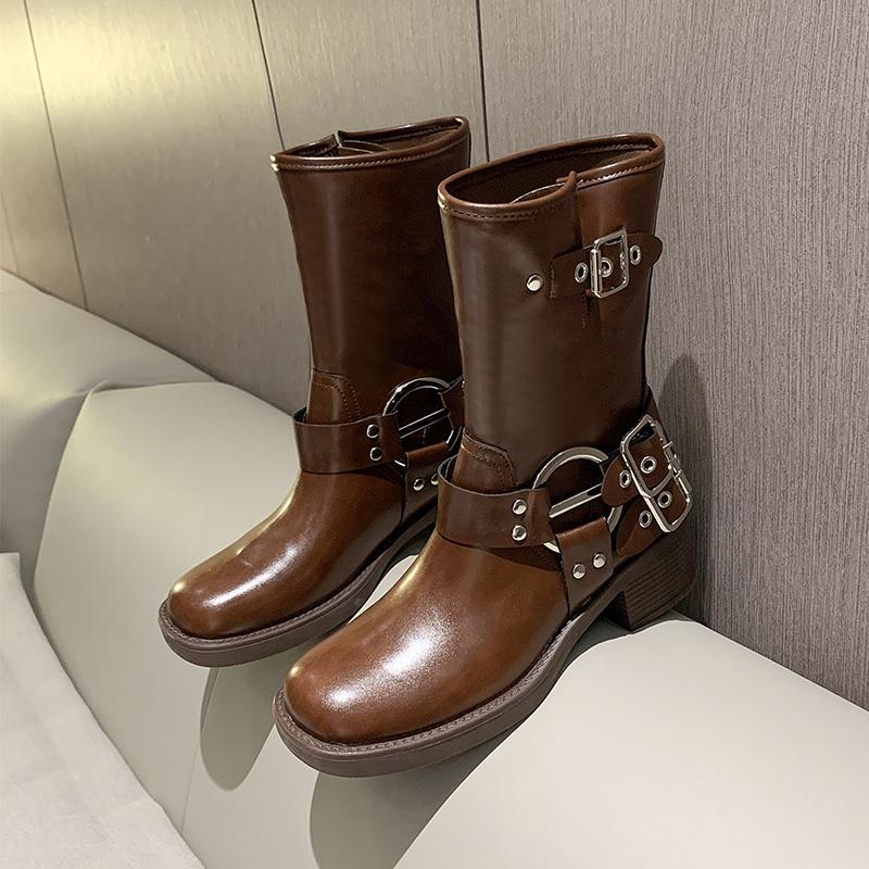 Fashion Woman Boots Mid-calf Platform Chunky Heels Trend Punk Gothic New Rock Leather Fashion Women's Shoes Motorcycle Footwear