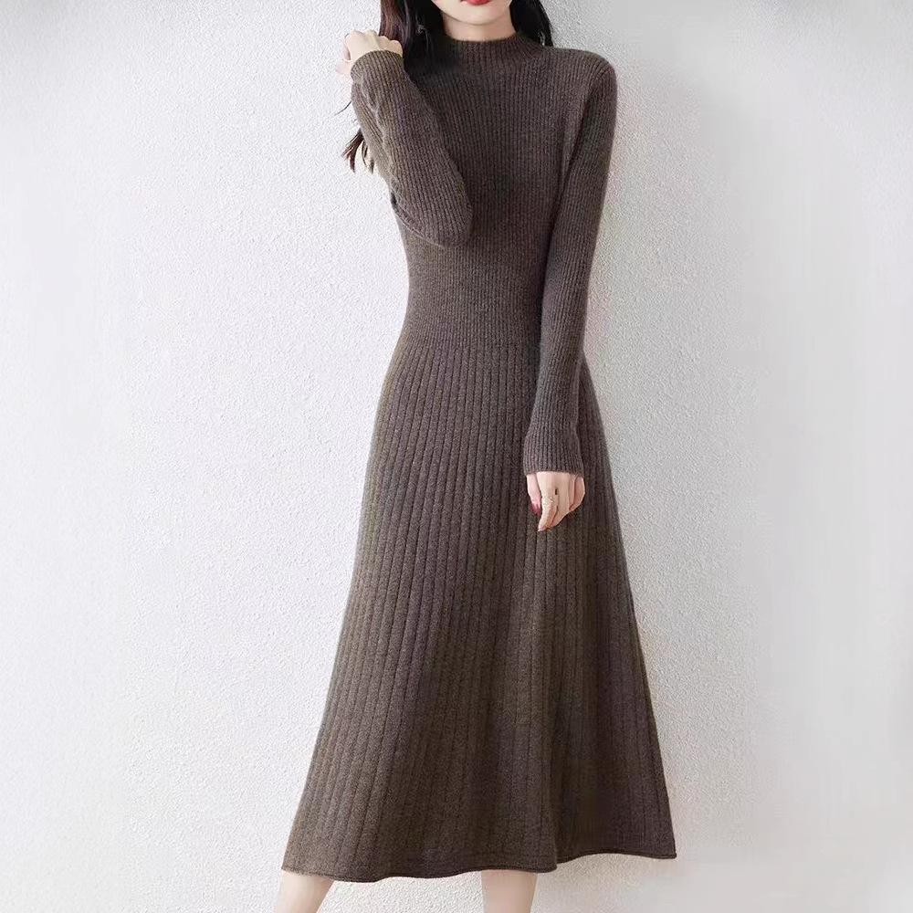 Autumn and winter new semi-turtleneck long knee warm dress fashionable versatile knitted sweater skirt women