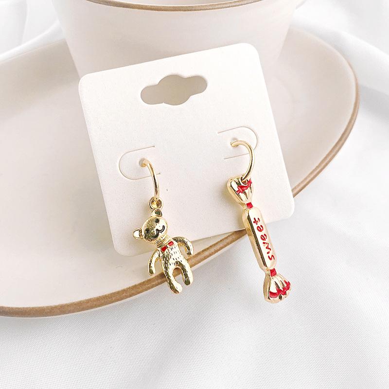 Asymmetric Bear Earrings with S925 Silver Needle - Sweet and Fun Christmas Candy Design