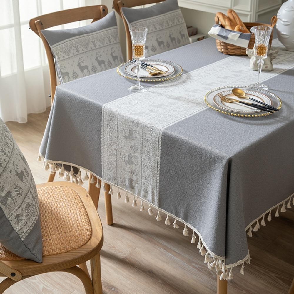 Christmas Reindeer Tablecloth Linen Cotton Rectangular Table Cover with Fringe Luxury Dining Table Decor