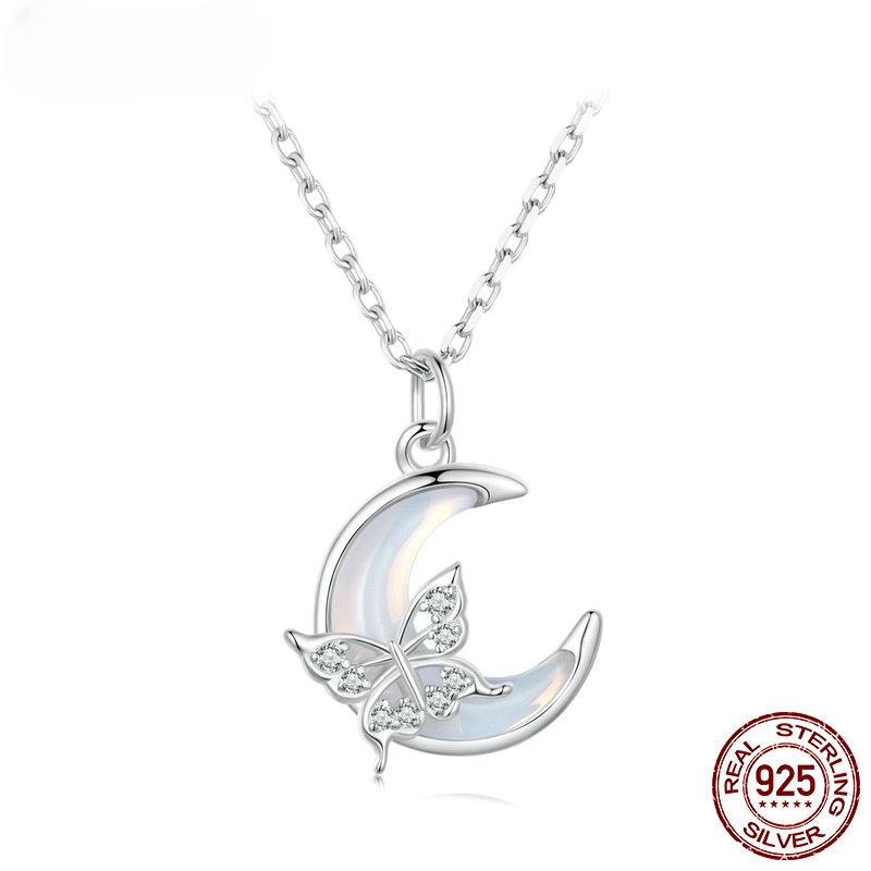 

S925 Стерлингового Серебра Романтический Лунный Кулон Ожерелье Бабочка Шея Цепочка Pave Установка CZ для Женщин Подарок на День Святого Валентина
