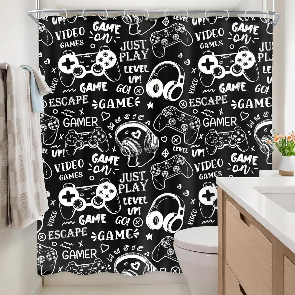 Boys Gamer Video Game Printed Shower Curtain Black White Graffiti Gamepad For Bathroom Decor