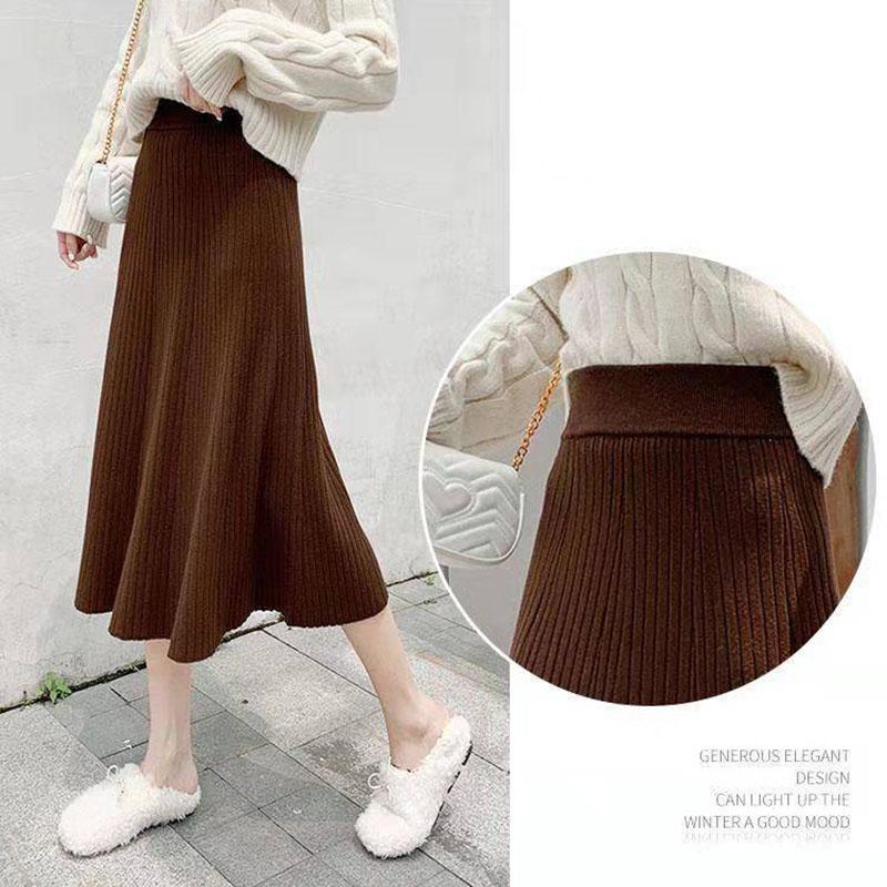 Autumn Winter Knitting Solid Color Pleated Skirt Female High Waist All-match Mid-length A-line Skirt