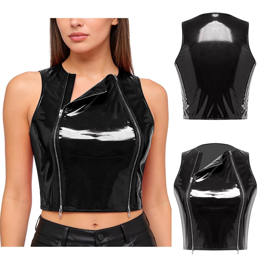 Ladies Glossy PU Leather Crop Top S-3XL Front Double Zippers Sleeveless Slim Tank Top for Club Rave Party Nightwear